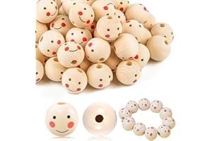 SALADOCY Holzperlen Rund, Holzperlen mit Gesicht 25mm, 50 Stück Rund Holzkugeln Smiley Holzperlen Natur mit 10m Hanfschnur, Holzkugeln mit Loch für Schmuckherstellung, Kunsthandwerk (25mm)