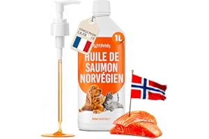 Petsly® Huile de Saumon pour Chien & Chat -1L- NORVÈGE, 100% Sauvage, Riche en Omega 3 6 9 & Vitamine E - Pressé à Froid - Pelage Brillant, Système Immunitaire et Articulation Renforcé - Pompe Incluse