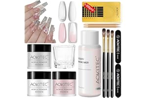 AOKITEC Kit uñas acrílicas - Juego de líquido y polvo acrílico rosa/transparente/blanco con cepillo de uñas acrílico para uñas acrílicas de larga duración Kit de uñas para principiantes