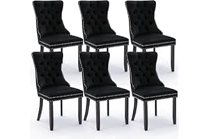 SoarFlash Ensemble de 6 Chaises de Salle à Manger en Velours, avec Dossier à Ailes tapissé, piquetage à Boutons, Garniture rivetée, Anneau décoratif de Dossier et Jambes en Bois, Noir
