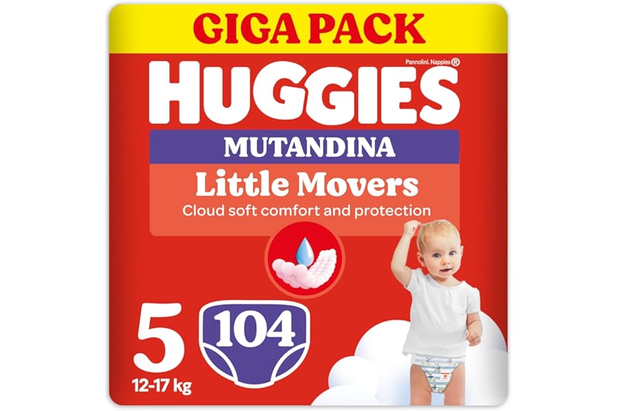 Huggies Little Movers Gigapack 104 Nappies Size 5 (12-17 kg), Ultra Absorbent, Full Protection, Pack of 104