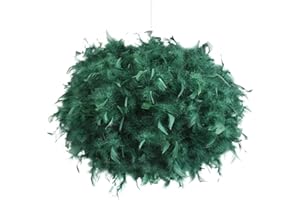 Contemporary and Unique Large Forest Green Real Feather Decorated Pendant Light Shade - 40cm Diameter & 40watt Maximum - Beautiful Statement Piece by Happy Homewares