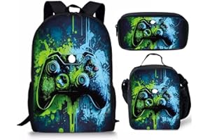 GENERIC Gaming Backpack for Boys, Waterproof Lightweight 3-Piece School Bag Set with Lunch Bag & Pencil Case, Large Capacity School Bag for Kids 6-14 Years, Perfect for Elementary (game005, Black)