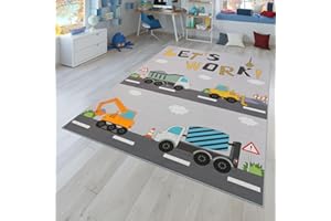 TT Home Tappeto Stanza Bambini Auto Bambini Strada Antiscivolo Moderno, Colore:Grigio Giallo Crema, Dimensione:80x150 cm