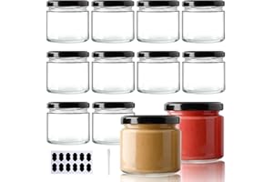 YBCPACK 150ml 12 Pack Glass Jam Jars with Black Lids, 5 oz Mini Jars with Airtight Lids for Label, Pen, Reusable Small Storage Jars for Jam, Honey, Spices, Chutney