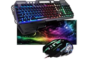 HANBOSYM Gaming keyboard and mouse sets,Large mouse mat,QWERTY Rainbow LED Backlit Keyboard, 3200DPI LED Breathing Backlit Mouse, Gray+Black Matte panel Mechanical feel with Ergonomic design Wrist Rest