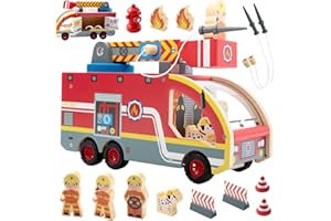 Nene Toys Camión de Bomberos de Madera – Juguete Educativo Magnético para Niños desde 2 Años – Escalera Giratoria 360°, Mangueras Magnéticas, Hidrante, Bomberos & Dálmata, Regalo Montessori Madera FSC