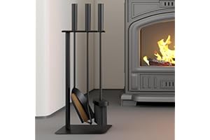 Kingson Kit de herramientas para chimenea de 4 piezas, cepillo, pala, atizador y soporte, 16 x 16 x 45 cm, accesorios para quemador de leña, elegante juego de compañero para chimenea