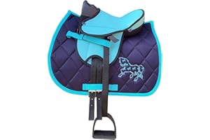 Brama West Kinder Shetty Sattel Set „My Happy Pony“ | Sattel für Shetty Pony Holzpferd | mit Satteldecke, Sattelgurt, Steigbügel & Steigbügelriemen | Türkis Edition