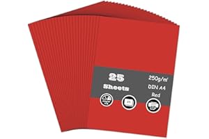 AZVIEY Lot de 25 feuilles de papier cartonné rouge, feuille cartonnée A4 250 g/m² épais carton bricolage pour la fabrication de cartes, le scrapbooking, l'impression au bureau et les loisirs créatifs