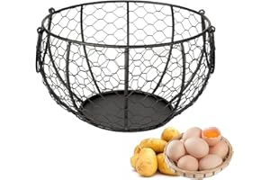 HPAMBA Cestino per uova, cestino per uova in filo metallico, per frutta, colore nero, con manico, cestino rotondo in filo metallico per organizzare e uova