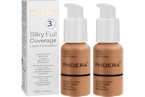 HILARECO PHOERA Fond de Teint,PHOERA Foundation,imperméable Professional Makeup Fond de Teint Liquide Couvrant Tenue 24h - Matte & Poreless Finish (2pcs- 108-Tan)