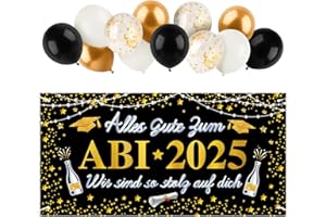 BETESSIN 90x180cm Banner ABI 2025 Schwarz Gold Deko Banner Polyester und 12 Pcs Luftballons (12 Zoll) Graduation Deko für Abi Abschlussfeiern Abitur Abschlussparty Hintergrund Prüfung Bestanden Geschenke usw.