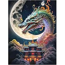SHEGZHUC Diamond Painting 40 x 50 cm Piedras cuadradas Dragón con paisaje Luna ático - Pintura de diamantes Arte Bordado Punto de Cruz Imagen Regalo Decoración de Pared