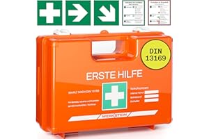 ‎WERKSTEIN Erste Hilfe Kasten DIN 13169:2021 - Verbandskasten inkl. praktischer Wandhalterung, 5x Aufkleber, Gesichtsmasken, Feuchttücher & Plombe - Erste Hilfe Koffer für Betriebe, Einrichtungen & Zuhause