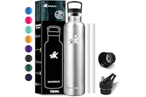 KollyKolla Butelka do picia ze stali nierdzewnej, 1 l, termos, butelka na wodę, szczelna, nie zawiera BPA, ze słomką, nadaje się dla dorosłych, na uczelnię, jogę, sport, rower, kemping
