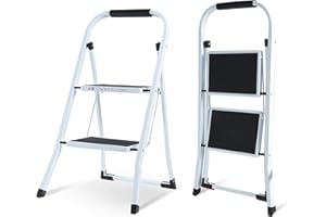 EPROSMIN 2 Step Ladder Folding Ladder, Portable With Anti-Slip Mat & Comfortable Soft Handgrip, Heavy Duty Steel - Easy to Store Ladders, 150KG Max Capacity (2 white) (SVSL04V1)