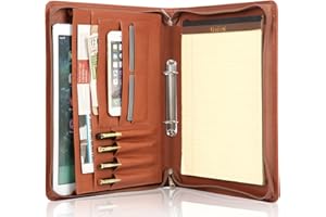 Calfinder a4 Conference Folder, PU Leather Zipper Binder Portfolio, 2 Ring Binders 1 inch, Business Padfolio Folder with a4 Clipboard Notepad, Gift for Men/Women, Brown