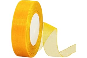 HONGCI 45m Organzaband Gelb 25mm Breit Chiffo Geschenkband,Transparentes Gelb Organza Bänder Chiffonband Schleifenband Dekoband Geschenkverpackung Deko Band Tüllband für Weihnachten Hochzeit Taufe Geburtstag