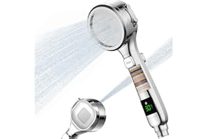 PKBD Filter Shower Head with 4 Modes & Water Temperature Display, 15 Layers Filtration High Pressure Filtered Shower Heads with Holder and 1.5M Hose, for Hard Water Residual Chlorine Remove, Silver