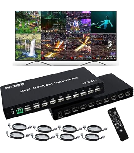 HDMI Multiviewer Switch 4x1 mit Pip, PORTTA Quad Multi Viewer Seamless Switcher 4 in 1 Out mit Toslink, 3,5 mm Audioausgang unterstützt 1080p 60 Hz, 6 Anzeigemodi, Downscaler, kompatibel mit PS4 Xbox
