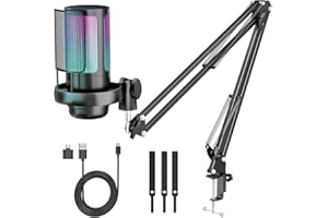 LACITENY Micro Gaming 24 Bits /192 kHz RGB Microphone à Condensateur USB, Micro Plug and Play avec 7 Lumières Variables, Support Réglable pour Enregistrement, Streaming, Podcast et Gaming