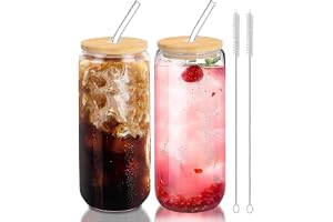 SKY-TOUCH 2 Pcs 550ml Glass Cups with Bamboo Lids and Straws, Clear Iced Coffee Glasses Set, Cute Aesthetic Reusable Drinking Tumblers with Cleaning Brush for Tea, Coffee, Smoothie, Soda