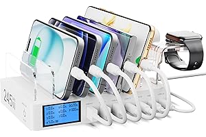 SANICATA Ladestation für mehrere Geräte, 245W 7 Port Ladegerät mit LCD Bildschirm und 2-in-1 i-Watch-Ladehalterung,USB Ladestation für Tablet und iPad /15/14/Pro/Max Samsung...weiß（adekabel Nicht enthalten ）