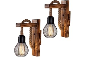 YUNYODA Industrielle Holz Eisen Hanf Seil Wandleuchte, 2 Stück kreative Persönlichkeit Lift Riemenscheibe Wandleuchten Leuchte Vintage Retro Lampe Leuchten für Schlafzimmer Restaurant Café (ohne Glühbirne)