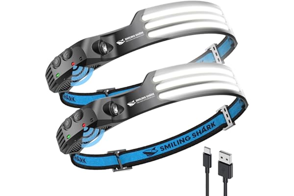 Smiling Shark Lampe Frontale, 2 Pièces 230°Angle Large 3*LED Bandes Lumineuses Blanches Headlight Rechargeable avec Capteur de Motion Étanche pour Activités Outdoor, Lampe-Frontale-LED-Camping