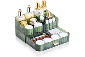 ELUCHANG Kosmetik Organizer mit stapelbaren Schubladen, 30x20x14.5CM Große Make up Organizer mit 12 Fächern, Skincare Schmink Organizer Aufbewahrung für Pinsel Schrank Schublade Koffer Bad Grün