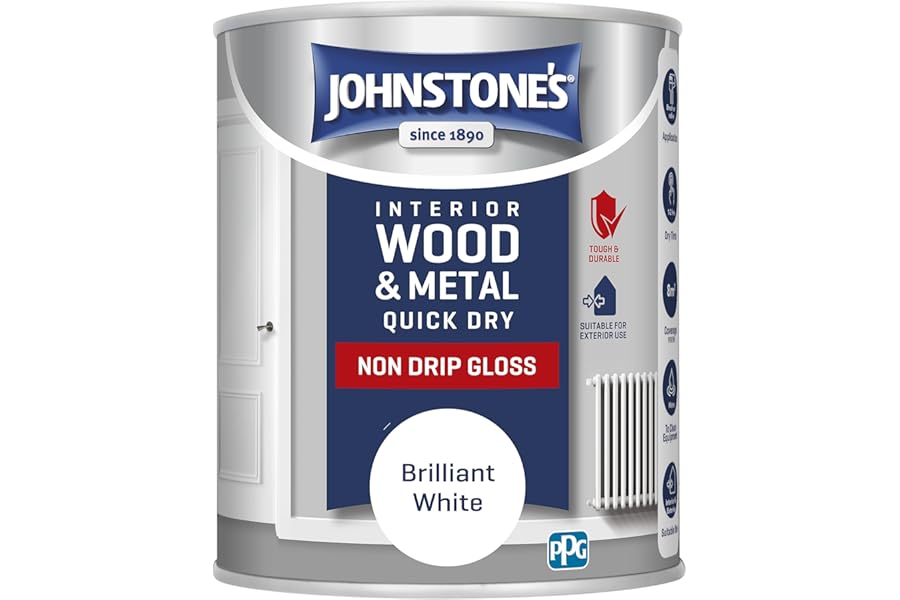 Johnstone's - Wood & Metal Paint - Gloss Finish - Brilliant White - 750ml - Water Based - Quick Drying - Radiator Paint - Low Odour - Dry in 1-2 Hours - 8m2 Coverage per Litre