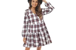 FANCYINN Abito Scozzese da Donna con Maniche Lunghe a Campana Mini Abito Scampanato con Volant e Tasche