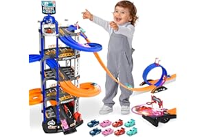 Charmofun 5 Piani Garage Macchine per Bambini, Grande Pista Macchinine Parcheggio Macchinine con 8 Auto, Ascensore, Luci e Suoni, Giocattolo Auto Garage per Bambini 3 4 5 6 7 8 Anni