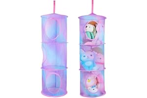 UNICORN CASTLE Hanging Mesh Storage Net, Hanging Soft Toy Storage, 4 Compartment Foldable Hanging Storage Basket, Space Saving Organizer for Soft Toys Clothes Sundries,2 Pack,3 Compartment,Purple-Blue