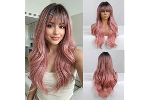 Esmee 24 tum Kvinnor syntetiska peruker Naturlig lång vågig Ombre Rosa med mörka rötter&Fluffy Air Bangs Light Cosplay Party