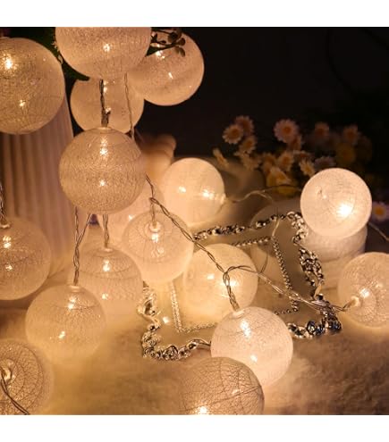 La Case de Cousin Paul Guirlande Lumineuse Chambre Enfant Boules Tissées LED, Télécommande, Programmable, USB, Fabriquée à la Main, Artisanale - 16 Boules (Nymphéas