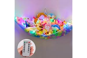 MHJY Toy Hammock Stuffed Animals Toy Storage Net with LED Light Large Corner Hanging Soft Cuddly Plush Mesh Organizer with Remote Control 8 Kinds of Llight Mode for Kids Nursery Bedroom
