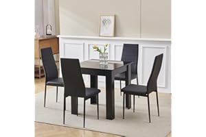 Redd Royal Wood Dining Room Table and Chairs Set of 4 for Small Space, 5 Pieces Compact Square Kitchen Table with 4 Seater Chairs Space Saving (4 Black Leather Chairs, Black Table)