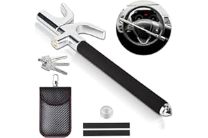 BURNTOP Steering Wheel Lock Heavy Duty with 3 Laser Keys + RFID Car Key Signal Blocker Pouch - Fit for All Makes and Models Truck SUV Van Car
