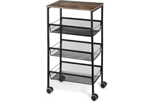 LIANTRAL 4-poziomowy wózek do przechowywania, wózek kuchenny, wózek kuchenny na kółkach, wózek do przechowywania z metalową siatką z zamykanymi kółkami, blat o wyglądzie drewna i metalowa rama