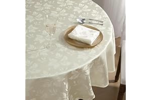 Romanstile Okrągły obrus 140 cm, kremowy, świąteczny, zmywalny, luksusowy, żakardowy, kwiaty, wodoodporny obrus na stół, imprezę, Boże Narodzenie, ślub, do kuchni, ogrodu