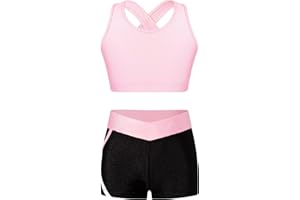 Aiihoo Ensemble Sport Fille Débardeur Brassière Yoga Haut de Danse + Short Gymnastique Fitness Running Tenue de Sport pour Enfant 3-16 Ans
