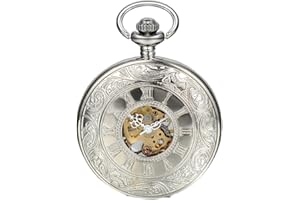 JewelryWe Half Hunter Classic Hand Wind Mechanical Roman Pocket Watch with 15" Chain