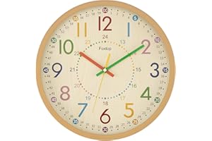 Foxtop Kids Wall Clock, Learning Clock Without Ticking Noises,12 Inch Analogue Children's Clock for Learning the Time,Easy Reading, Children's Room Clock,Colourful Design（24H）