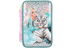 Depesche 12494 TOPModel Fantasy Tiger - Gefüllte 3-Fach Federtasche mit Fellapplikation und Glitzer, Federmäppchen mit Buntstiften, Schere, Lineal uvm.