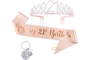 COLOFALLA 21st Birthday Sash and Tiara Crown for Women Girls Rose Gold 21st Birthday Gifts for Her Glitter Sash and Rhinestone Crown