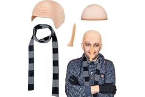 KODEPRO 4 Pcs Adults Costume Accessories Set with Latex Bald Head Wig Cap Black Gray Striped Scarf Fake Long Nose for Halloween Cosplay Party World Book Day Dress up Outfits