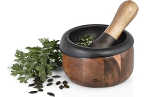 AdHoc CRUSH Pestle & Mortar Set, 13cm, Durable Cast Iron/Acacia Wood, Spice Grinder/Herb Grinder