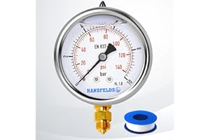 Hansfelds 0-10bar Pressure Gauge Liquid Filled 1/2'' BSP Lower Mount 100mm Dial Face stainless steel case Polycarbonate Window Brass Internal and Connection Dual Scale bar/psi Accuracy 1.6